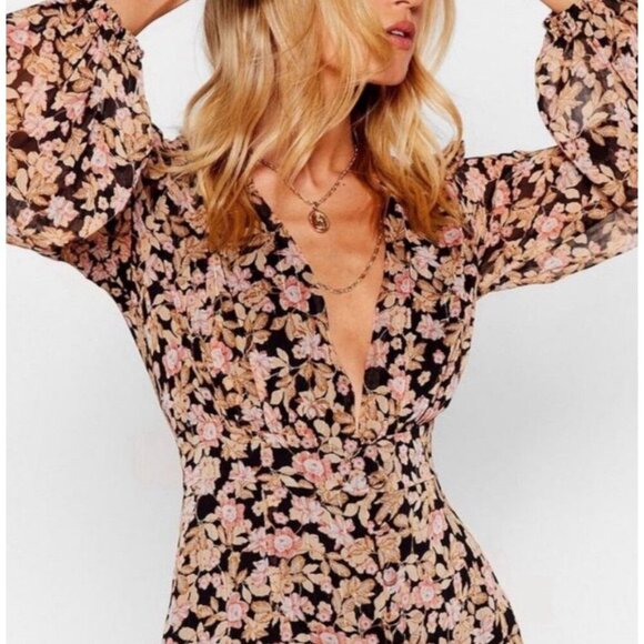 Nasty Gal Floral V Neck Mini Dress Plunge Fitted Long Sleeve Size 8 US Gold - Picture 5 of 13